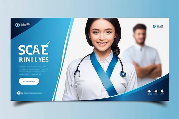 Foto modelo de publicación de redes sociales médicas diseño de banner moderno con decoración de cinta de color azul y lugar para la foto