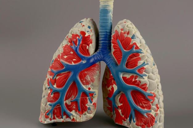 Foto modelo pulmonar com áreas vermelhas e azuis indicando áreas oxigenadas e desoxigenadas