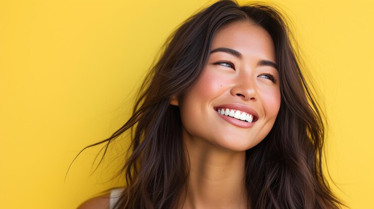 Modelo de raza mixta mitad caucásica y mitad japonesa con cabello largo levantando una ceja con una gran sonrisa pensando en algo de fondo amarillo mínimo
