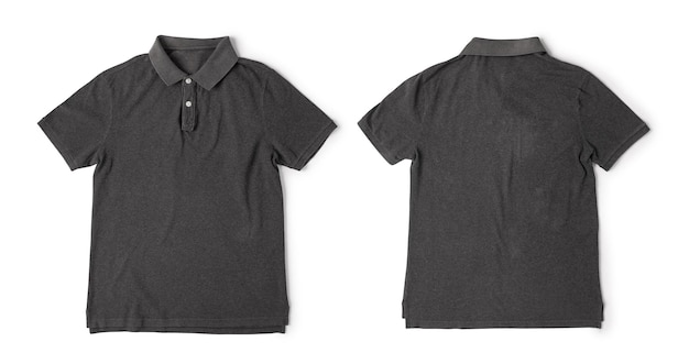 Modelo realista de camisa de polo cinza vista dianteira e traseira isolada em fundo branco