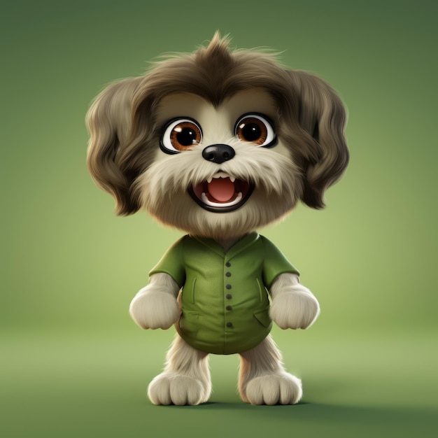 Modelo realista de ilustración de perro de dibujos animados en 3D con mono verde