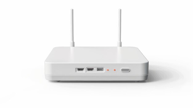 Modelo realista moderno de un router WiFi y un módem de banda ancha inalámbrica aislados en un fondo blanco con antenas en el frente