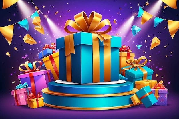 Modelo de redes sociales para el anuncio del gran premio con podio y caja de regalos voladora