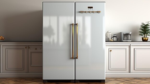 Modelo de refrigerador en blanco con fondo con espacio de copia para el texto plantilla de refrigerador para la cocina