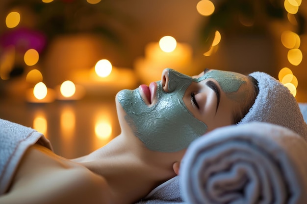 modelo relajándose en un spa con una vela y una flor en el fondo