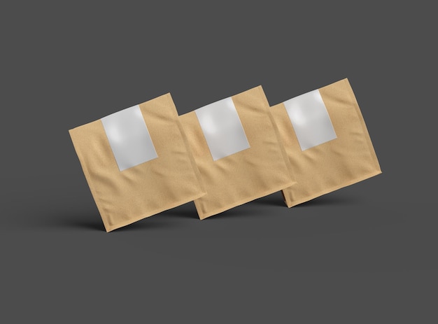 Modelo renderizado para um saco de papel quadrado com topo dobrado e rótulo em um fundo escuro