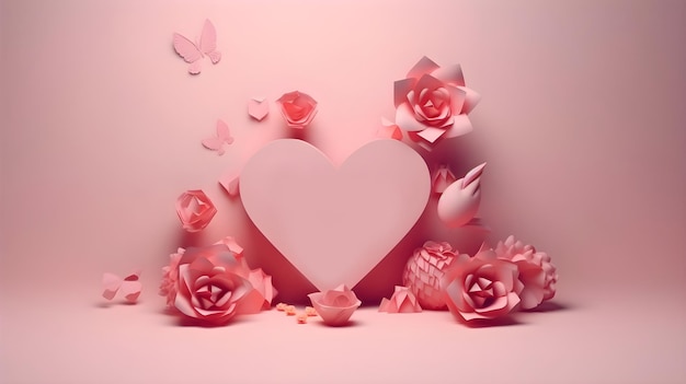 Modelo rosa cópia espaço forma de coração ou forma de amor e fundo de elemento de design de ornamento de flor Dia dos namorados aniversário de casamento presente ou saudações especiais de casal romântico