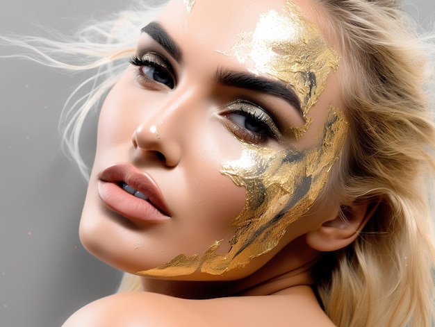 Modelo rubio con fotografía de pintura facial dorada.