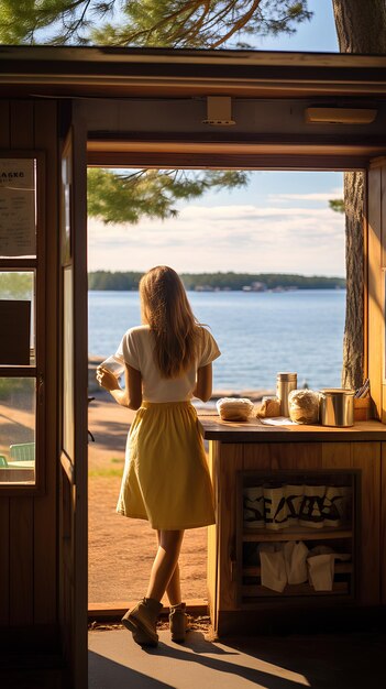 Foto la modelo sara chafak pide un café en un quiosco en vasa, finlandia