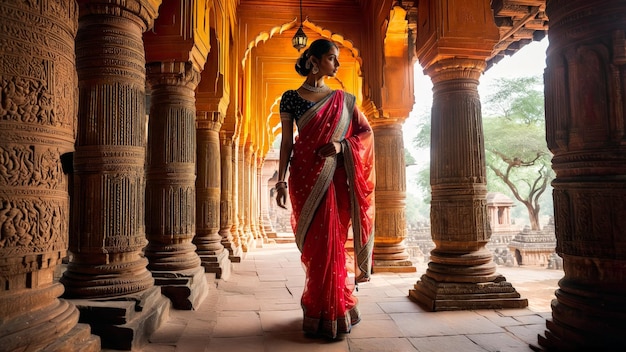 Foto una modelo con un sari indio tradicional con sus largas piernas en medias que complementan