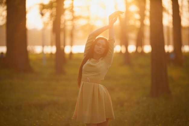 Modelo seductor en la luz del atardecer brillante