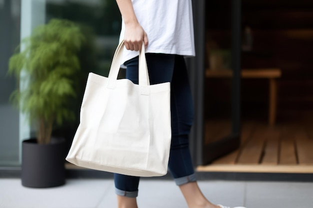 Modelo segura bolsa de maquete de tecido branco em branco para salvar o meio ambiente na moda de rua