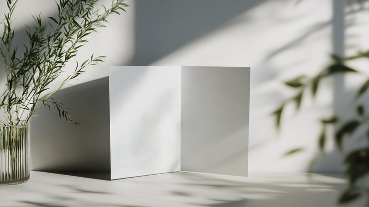 Modelo simple con un folleto en blanco abierto cerca de una planta decorativa en un entorno sereno