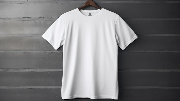 Modelo simples de camiseta branca masculina com fundo de madeira