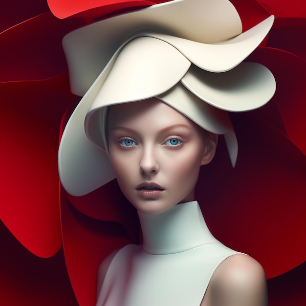 una modelo con un sombrero y un sombrerillo rojo.