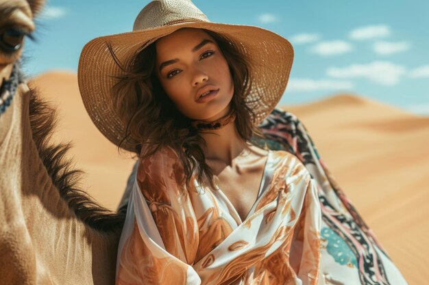 Foto modelo con un sombrero y una túnica en un desierto con un camello