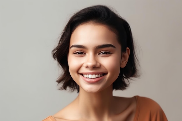 Modelo sorridente com dentes brancos perfeitos linda garota indiana alegre sorridente mulher de beleza com pele lisa e lábio natural maquiagem sobre fundo branco cuidados com a pele e cosmetologia feminina