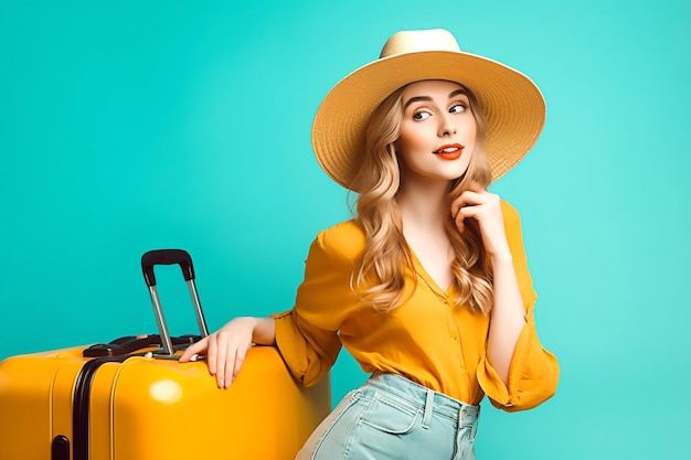 Modelo sorridente da geração z alegremente vestido com roupas de verão e usando um chapéu carregando uma mala de férias