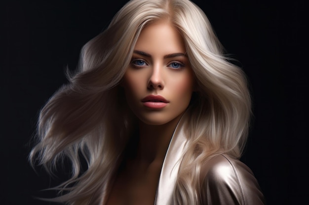 Modelo de Spectrum of Elegance revela su transformación de rubia a morena mostrando el arte de teñir el cabello en un misterioso fondo oscuroxA