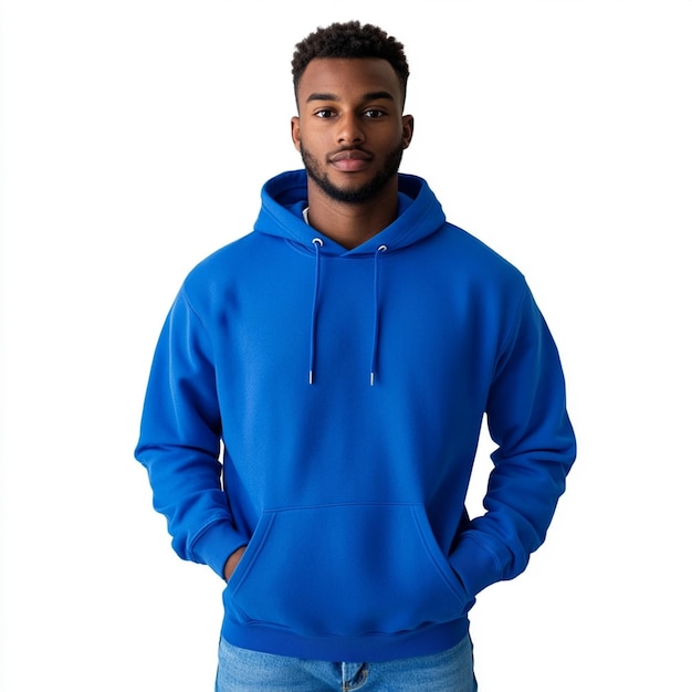 Modelo de sudadera con capucha en blanco de color azul real en vista delantera sobre fondo blanco