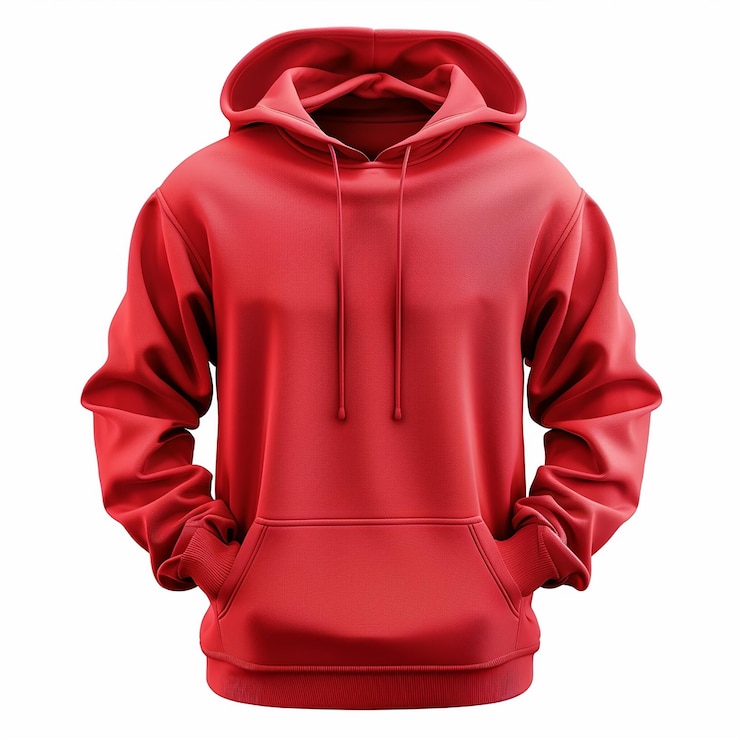 Foto modelo de sudadera con capucha roja con mangas largas levantadas
