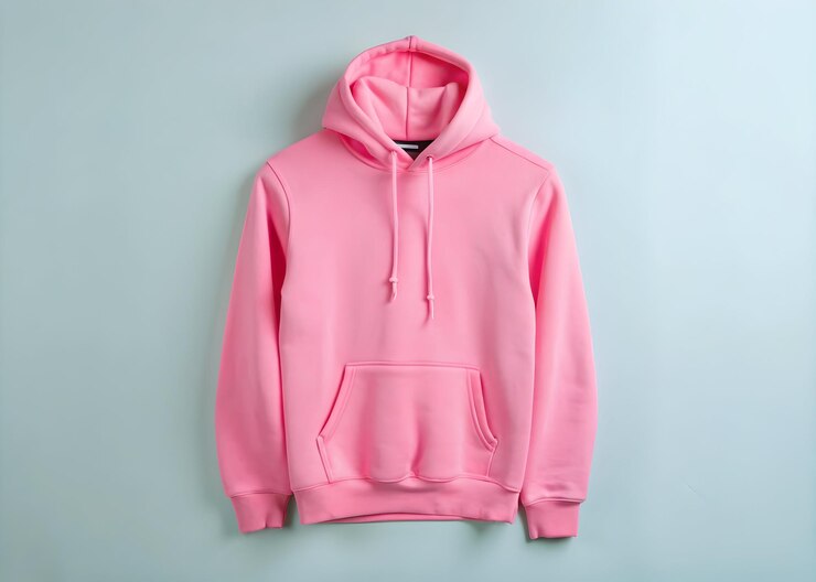 Modelo de sudadera con capucha rosa en blanco