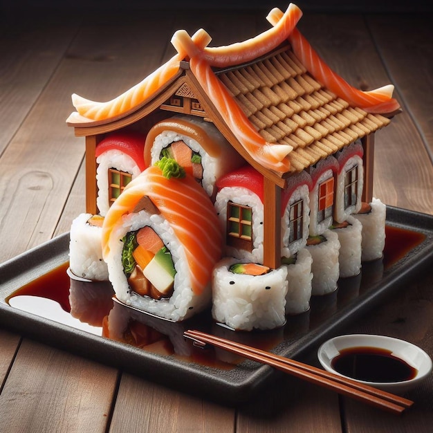 un modelo de sushi se sienta en un plato con palillos