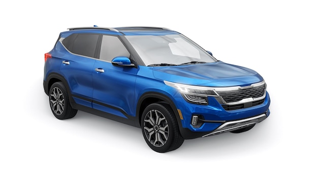 Un modelo de un SUV azul compacto para la ciudad con tracción total en una ilustración 3d de fondo blanco