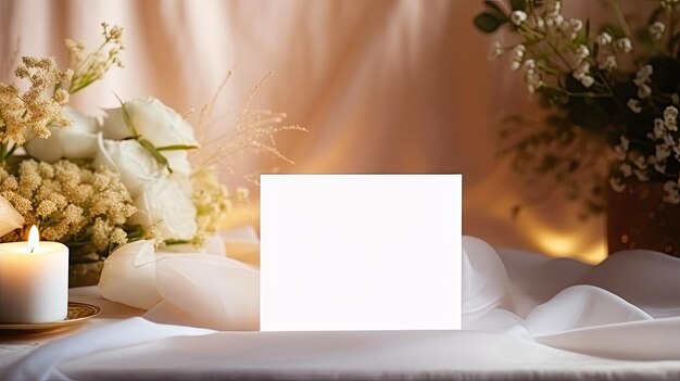 Modelo de tarjeta en blanco para el lugar del nombre doblado en el fondo de la mesa de bodas