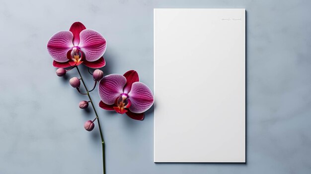 Modelo de tarjeta de felicitación blanca en blanco con orquídeas magenta Modelo de carta de invitación con flores púrpuras