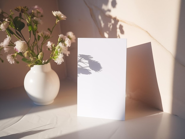 un modelo de tarjeta de felicitación blanca en la mesa un modelo de papel en blanco