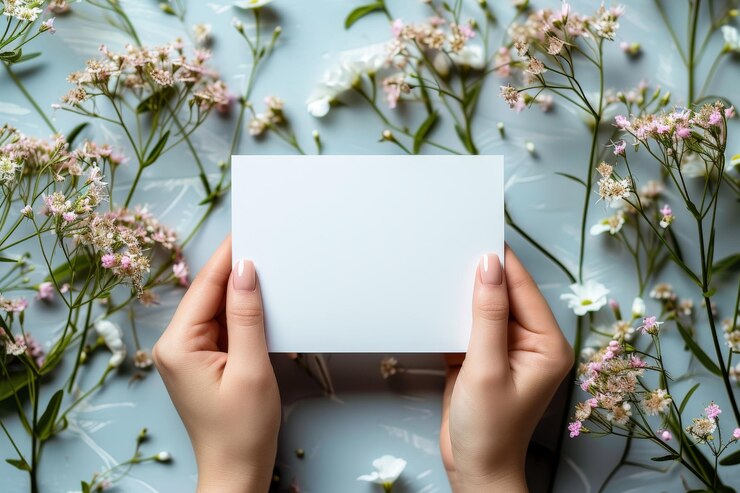 Modelo de tarjeta de felicitación en blanco con hermosas manos sosteniendo la tarjeta de salud verticalmente