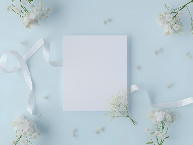 Modelo de tarjeta de felicitación elegante con flores blancas y cintas sobre fondo azul