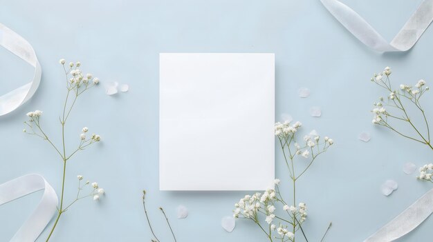 Modelo de tarjeta de felicitación elegante con flores blancas y cintas sobre fondo azul