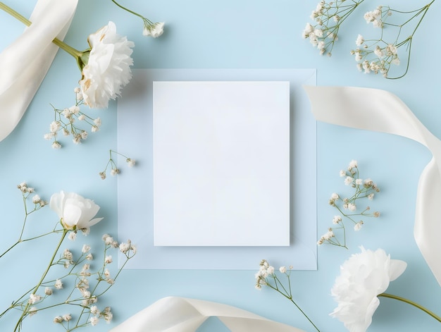 Modelo de tarjeta de felicitación elegante con flores blancas y cintas sobre fondo azul