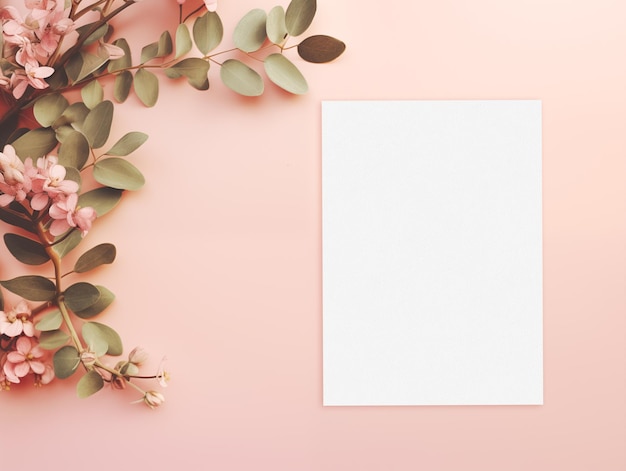 Foto modelo de tarjeta de invitación blanca con flores en el fondo rosa vista superior