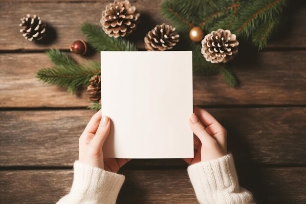 Modelo de tarjeta de Navidad Con la mano una tarjeta de felicitación vacía sobre el fondo de estrellas de papel de Navidad