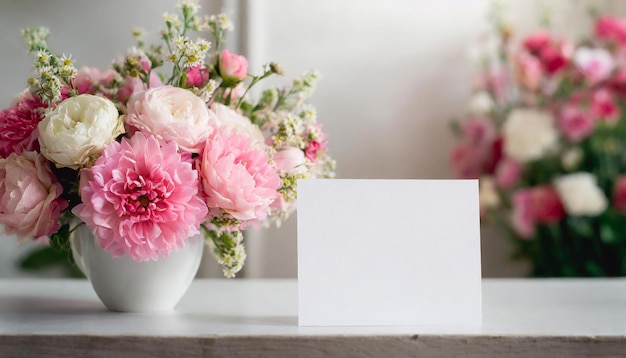 Modelo de tarjeta de papel blanco y hermosas flores rosadas Roca de primavera en la mesa