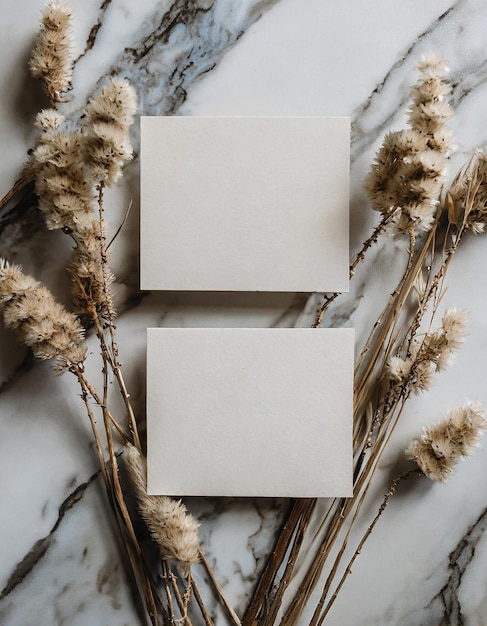 Modelo de tarjetas de hoja de papel en blanco y flores secas mínimas vista superior sobre fondo de mármol Espacio de copia