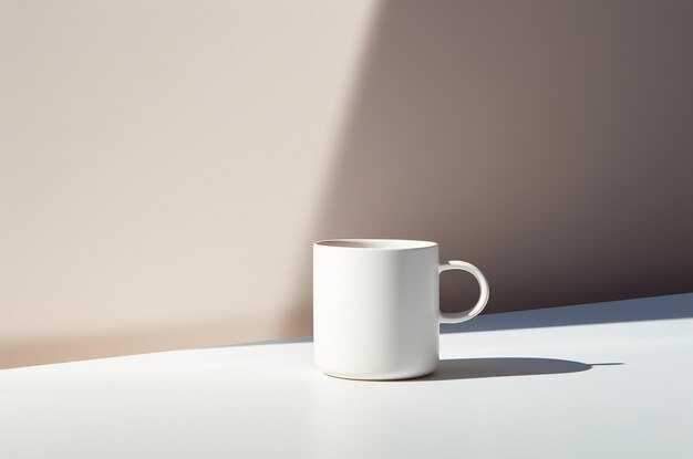 Modelo de taza blanca sobre un fondo beige