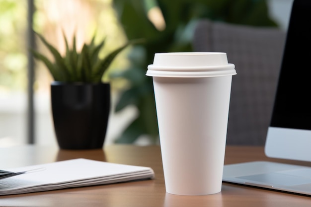 Modelo de taza de café desechable de papel para llevar a la mesa del espacio de trabajo taza de papel blanco en blanco