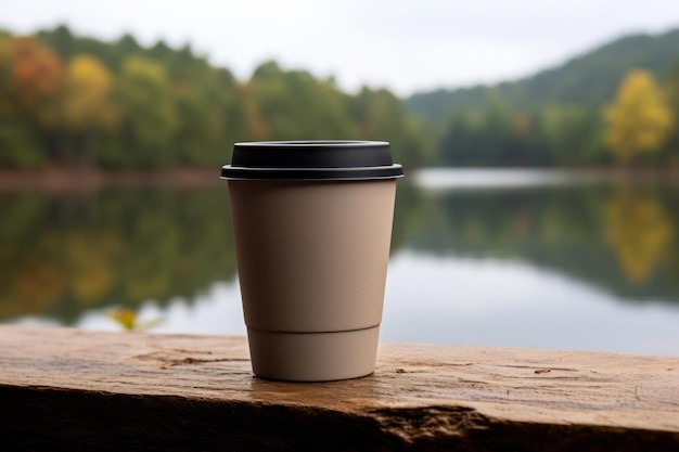 Modelo de taza de café desechable de papel en una mesa de madera con el fondo del lago y la montaña