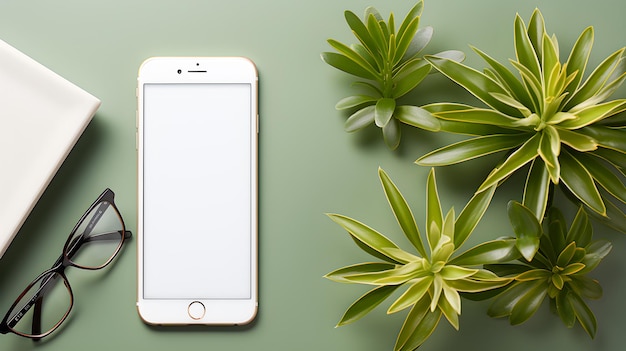 Modelo de teléfono inteligente escritorio minimalista con un teléfono móvil gafas de sol y plantas oficina o mesa de trabajo