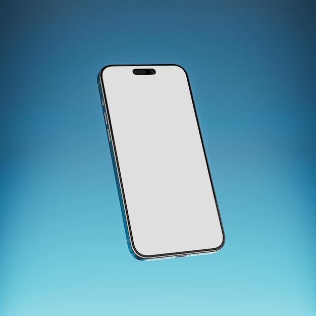Modelo de teléfono moderno con pantalla vacía en blanco en fondo de gradiente azul renderizado en 3D
