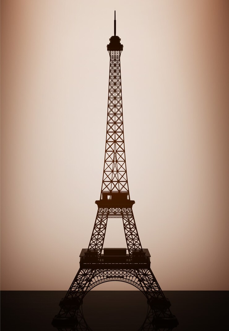 Foto modelo de la torre eiffel con luz de fondo sobre la pared en una habitación oscura. representación 3d