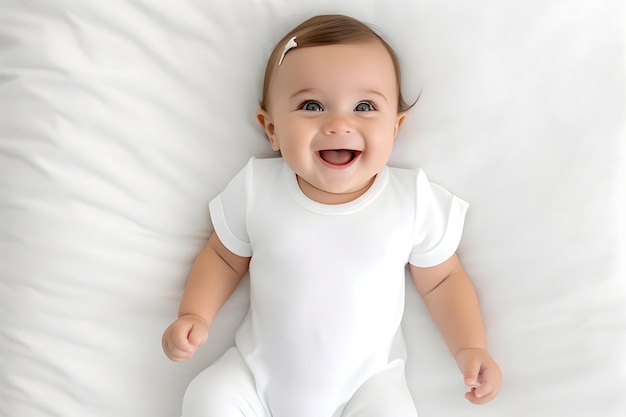 Modelo de traje de bebé con camisa blanca en el fondo de la cama blanca Diseño de modelos de impresión de modelos de presentación de la vista superior generada por IA