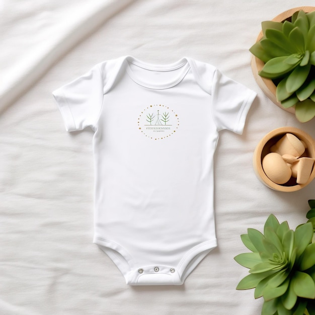 Foto modelo de traje de bebé con camisa blanca en fondo de cama blanca plantilla de diseño