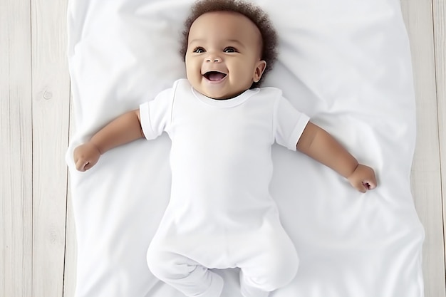 Modelo de traje de bebé con camisa blanca en fondo gris