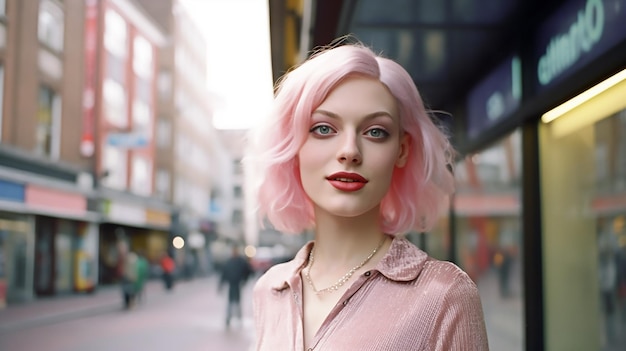 modelo transgênero em poses rosa na rua