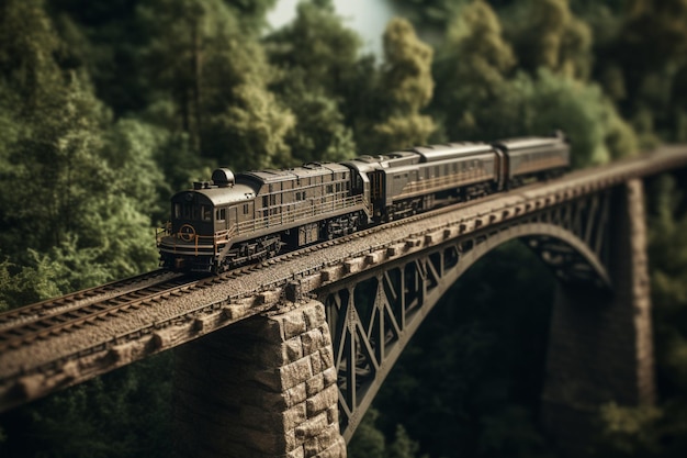 Un modelo de tren está en un puente con árboles en el fondo.